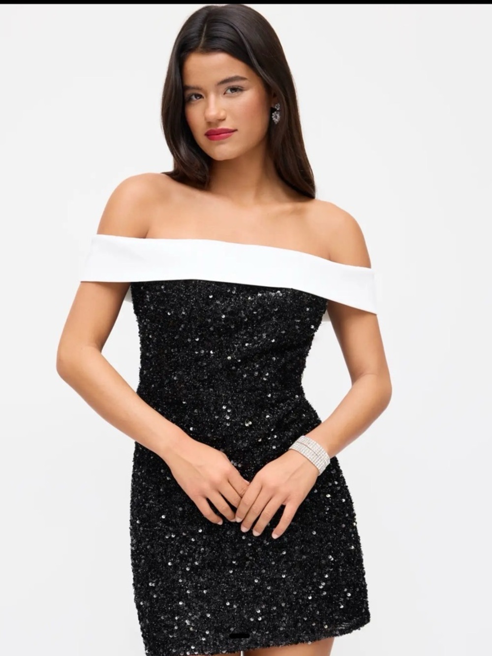 Cider Black Sequin Off-Shoulder Mini Dress with White Fold Band